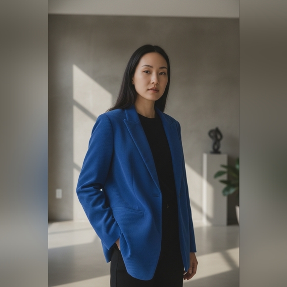 PrettyGarden Jackets & Blazers - Pretty Garden Women's Blue Winter Corduroy Blazer Jacket Size Sm Oversized